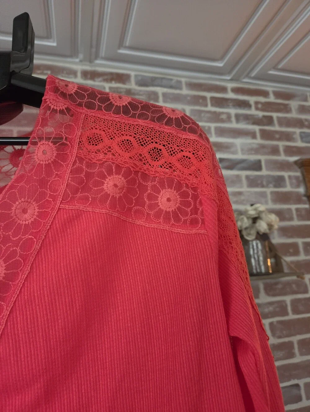 Free People Coral Pink Lace-Yoke Long Sleeve Blouse
